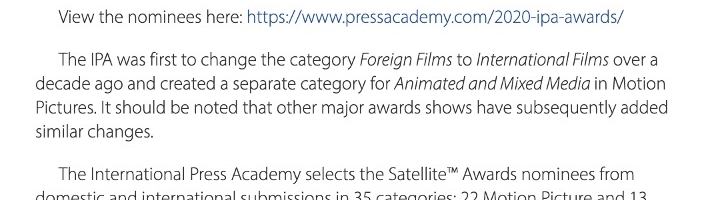 25th Satellite Awards Nominees for Motion Pictures and Television Announced