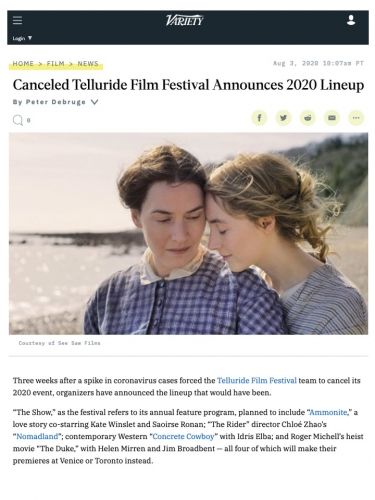Canceled Telluride Film Festival Announces 2020 Lineup